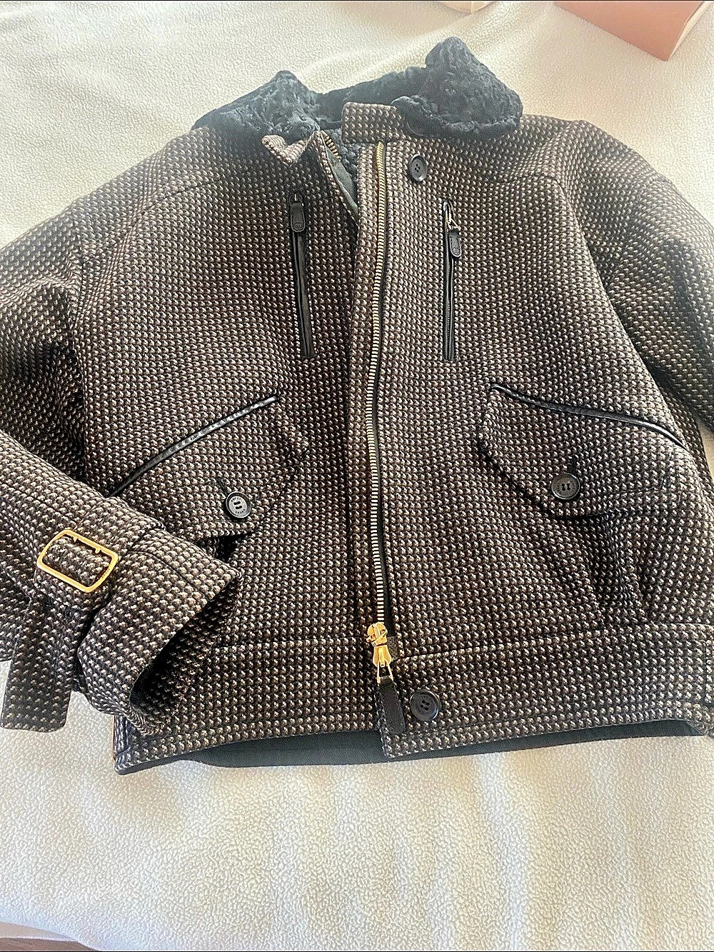 Gucci Buckle Detail Bomber Wool Bomber Jacket in Black & Brown Size 40 Like New